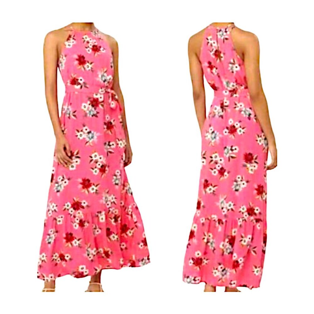 NWT LOFT Pink Floral High Neck Halter Sleeveless Long Maxi Sundress. Size M